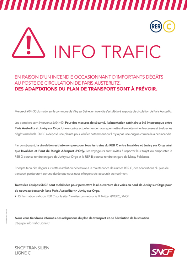 Info Trafic RER C : incendie 23 juillet 2014