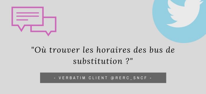 Visuel reprenant un verbatim client sur Twitter: "Où trouver les horaires des bus de substitution durant les travaux?"